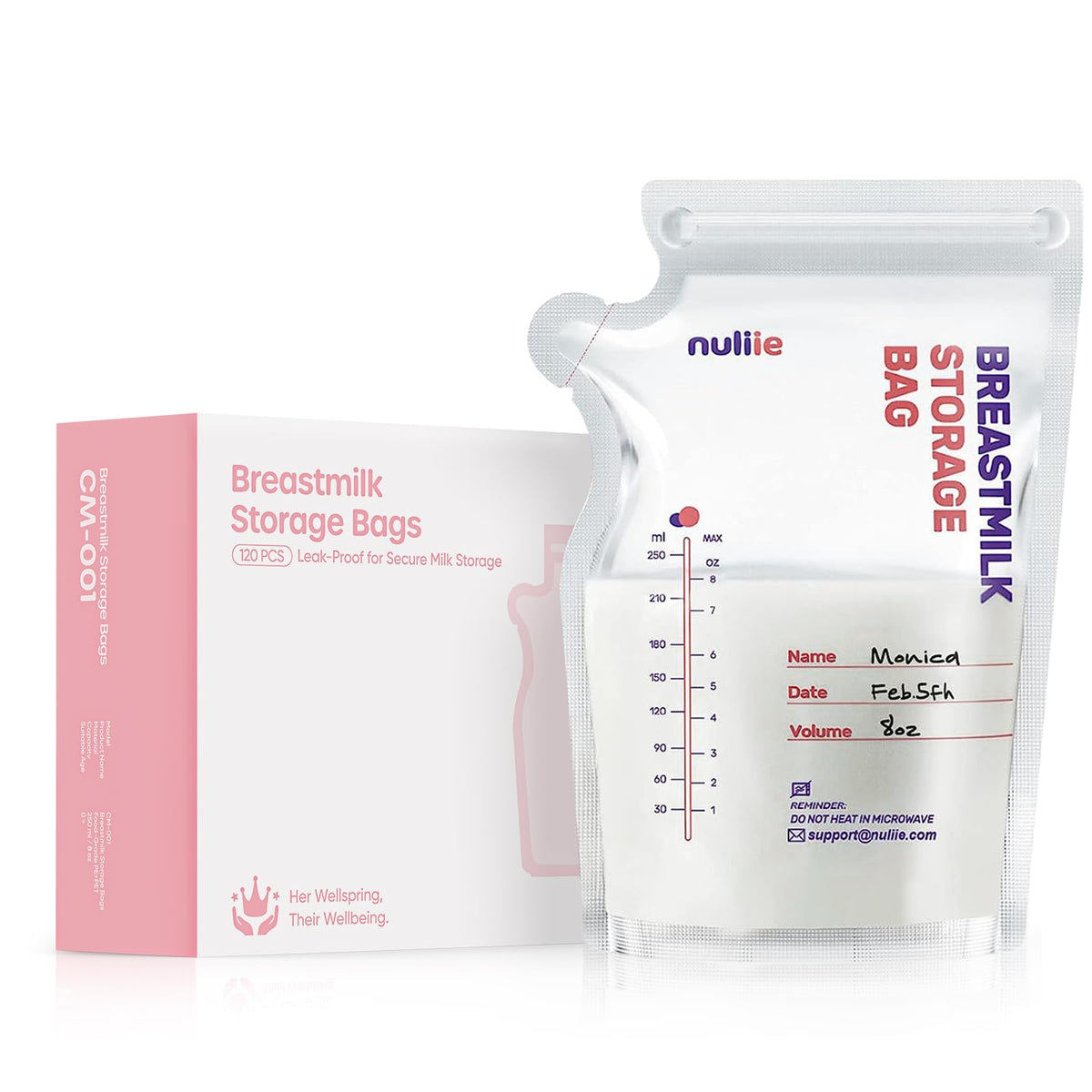 Nuliie Breastmilk Storage Bags Freezer, 8 OZ Breast Milk Storing Bags, BPA-Free, Milk Storage Bags with Pour Spout for Breastfeeding, Self-Standing Bag, Space Saving Flat Profile