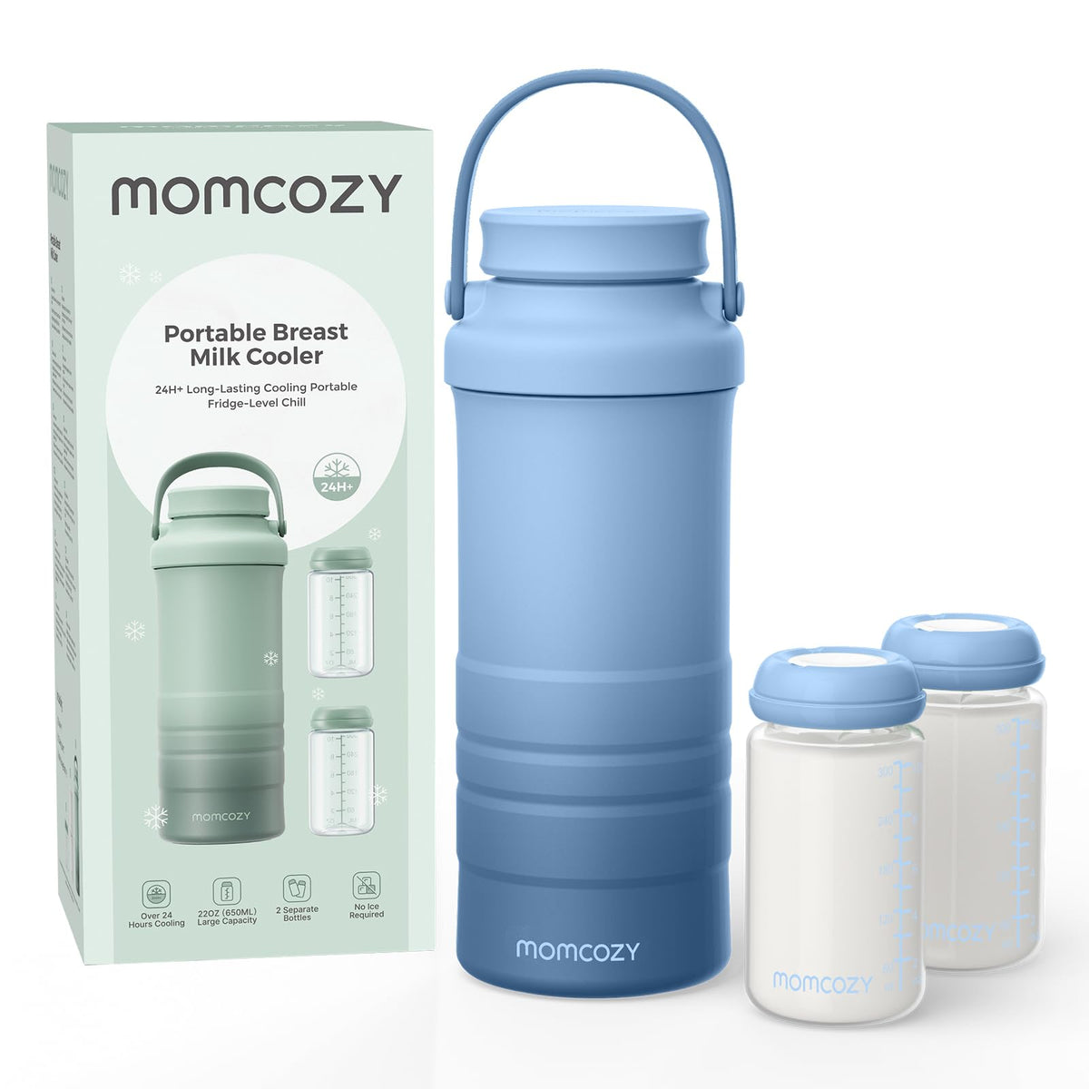 Momcozy 22oz Portable Breast Milk Cooler for Outdoor, Life Saver with 360° Total Cooling for 24 Hours, Larger Capacity Travel Breastmilk Chiller with 2pcs Baby Bottles for Breastmilk Storage