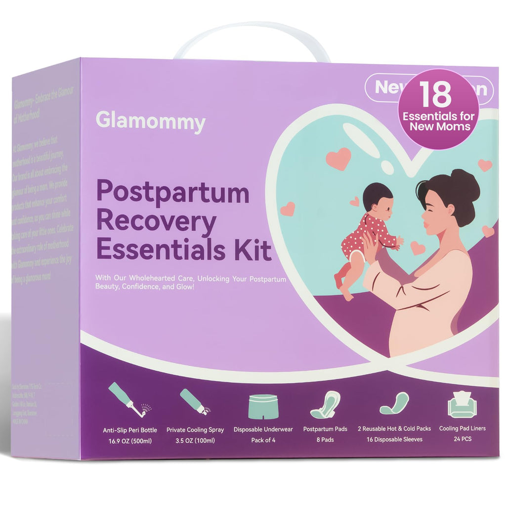 Glamommy Postpartum Recovery Essentials Kit for Women, Includes Peri Bottle, Cooling Spray, Disposable Postpartum Underwears, Postpartum Pads, Hot&Cold Packs,Soothing Liners