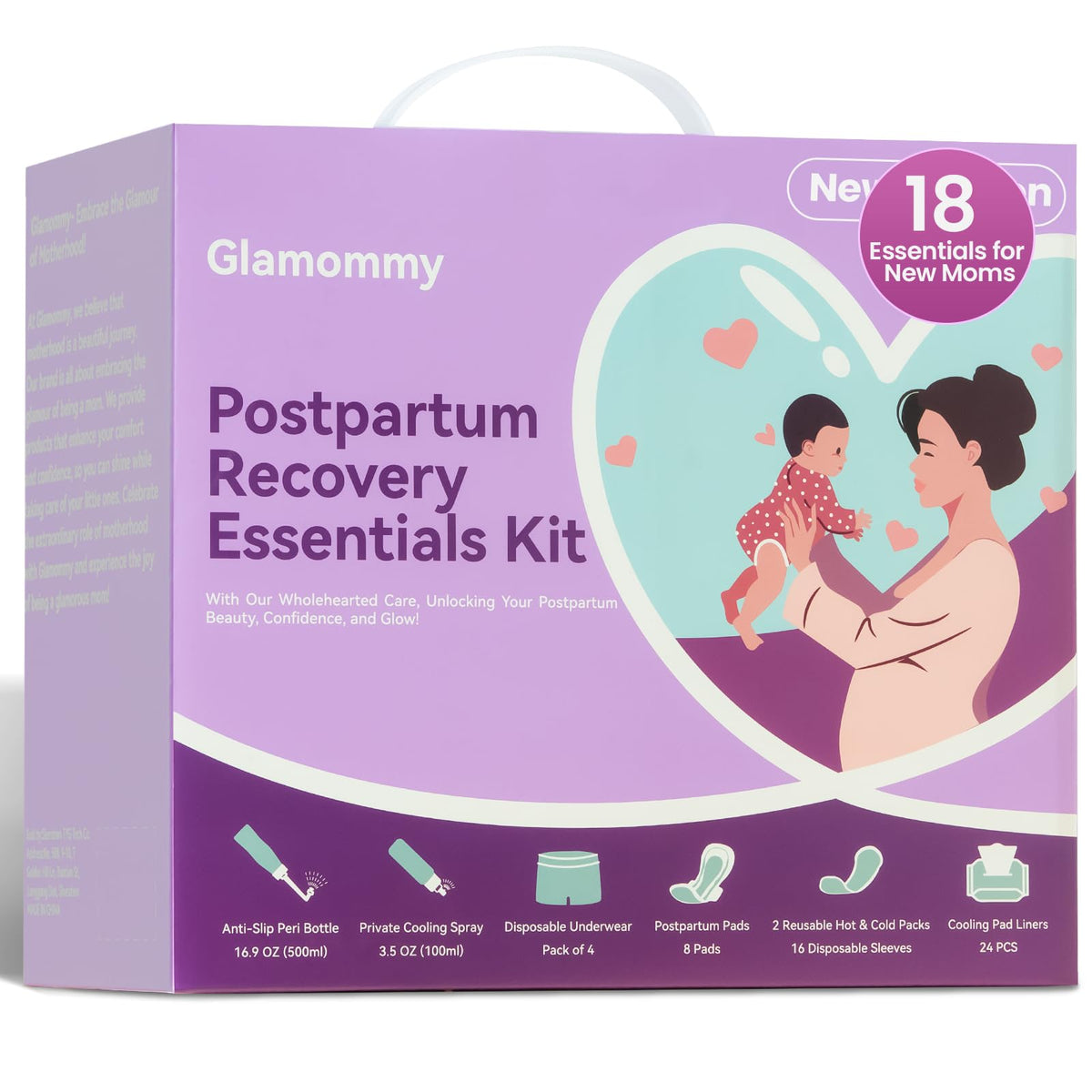 Glamommy Postpartum Recovery Essentials Kit for Women, Includes Peri Bottle, Cooling Spray, Disposable Postpartum Underwears, Postpartum Pads, Hot&Cold Packs,Soothing Liners