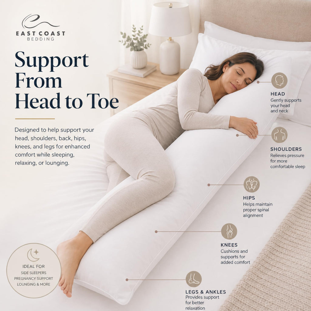 East Coast Bedding Body Pillow, 100% Cotton Shell, Soft Breathable Comfort, Full Body Support for Side Sleepers, Multiple Fill & Size Options