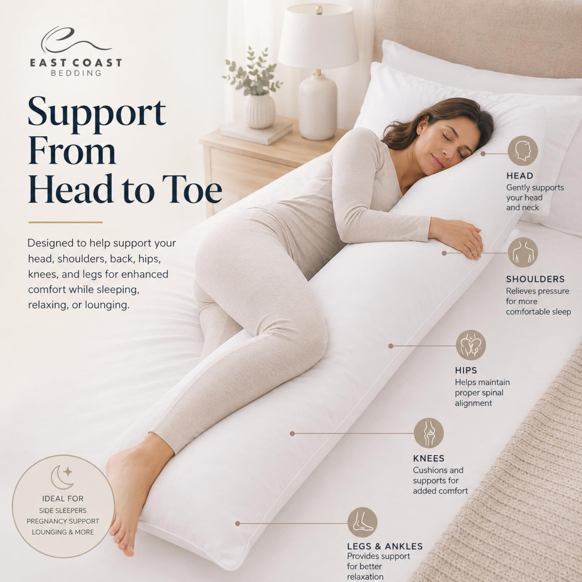 East Coast Bedding Body Pillow, 100% Cotton Shell, Soft Breathable Comfort, Full Body Support for Side Sleepers, Multiple Fill & Size Options