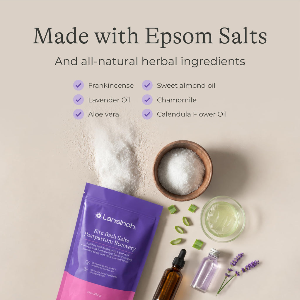 Lansinoh Sitz Bath Salts, Postpartum Essentials, and Hemorrhoid Treatment, Epsom Salt Bath Soak with Lavender Oil, Frankincense and Aloe Vera, 10 Ounce