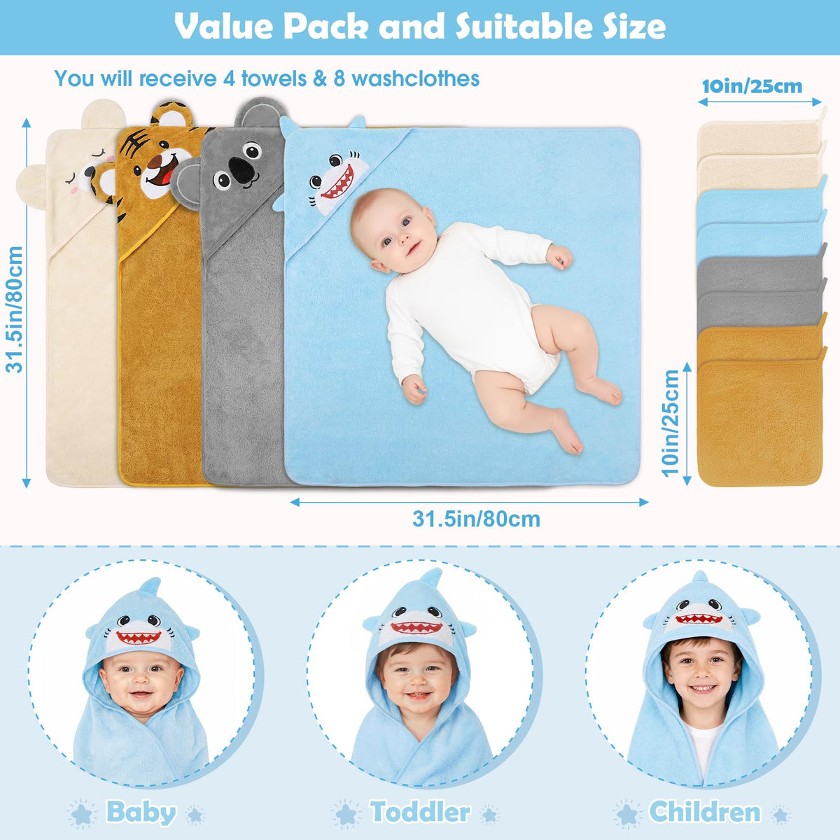 CandyHome 12-Piece Baby Bath Towel Set for Infants & Toddlers