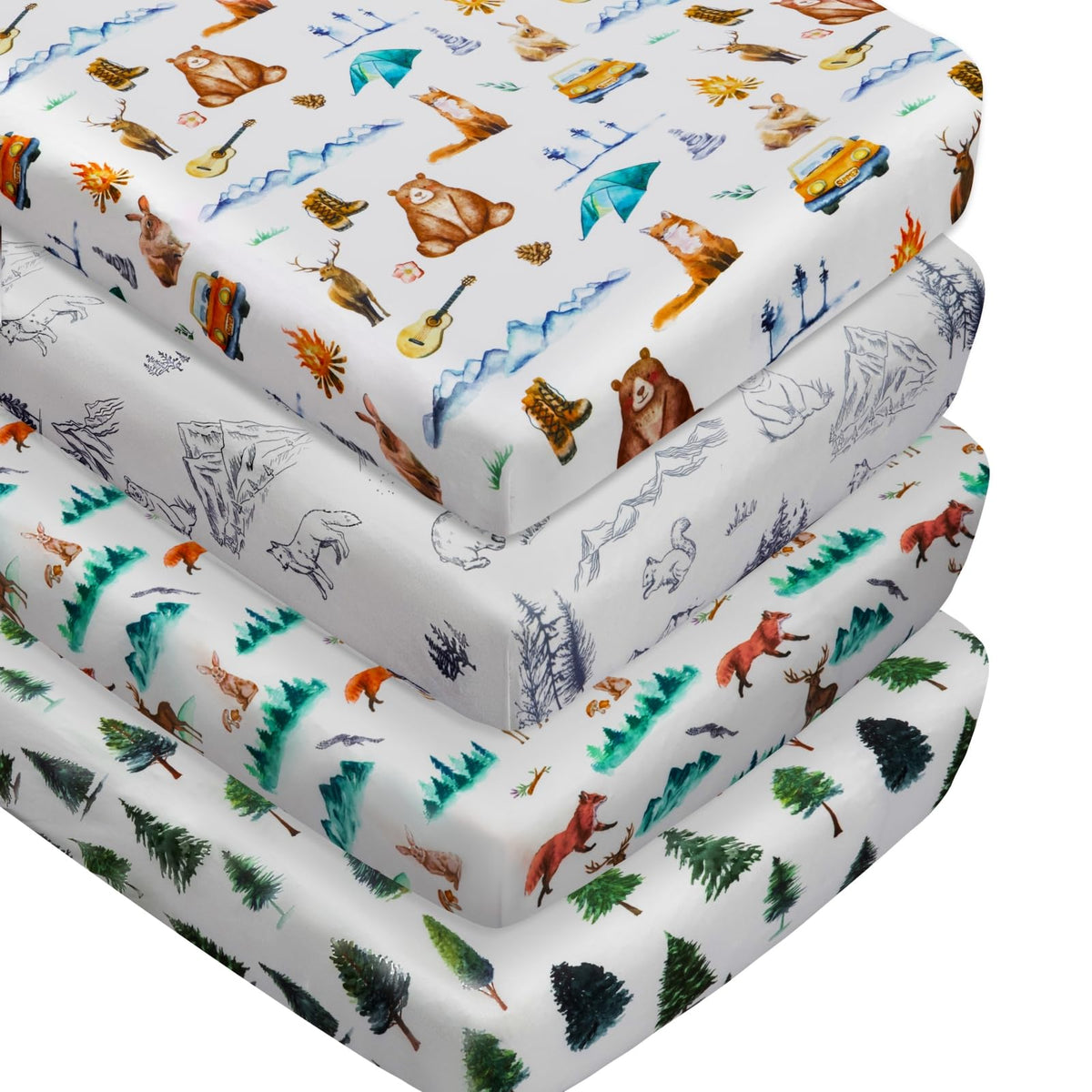 4-Pack Woodland Animal Neutral Fitted Baby Crib Sheets