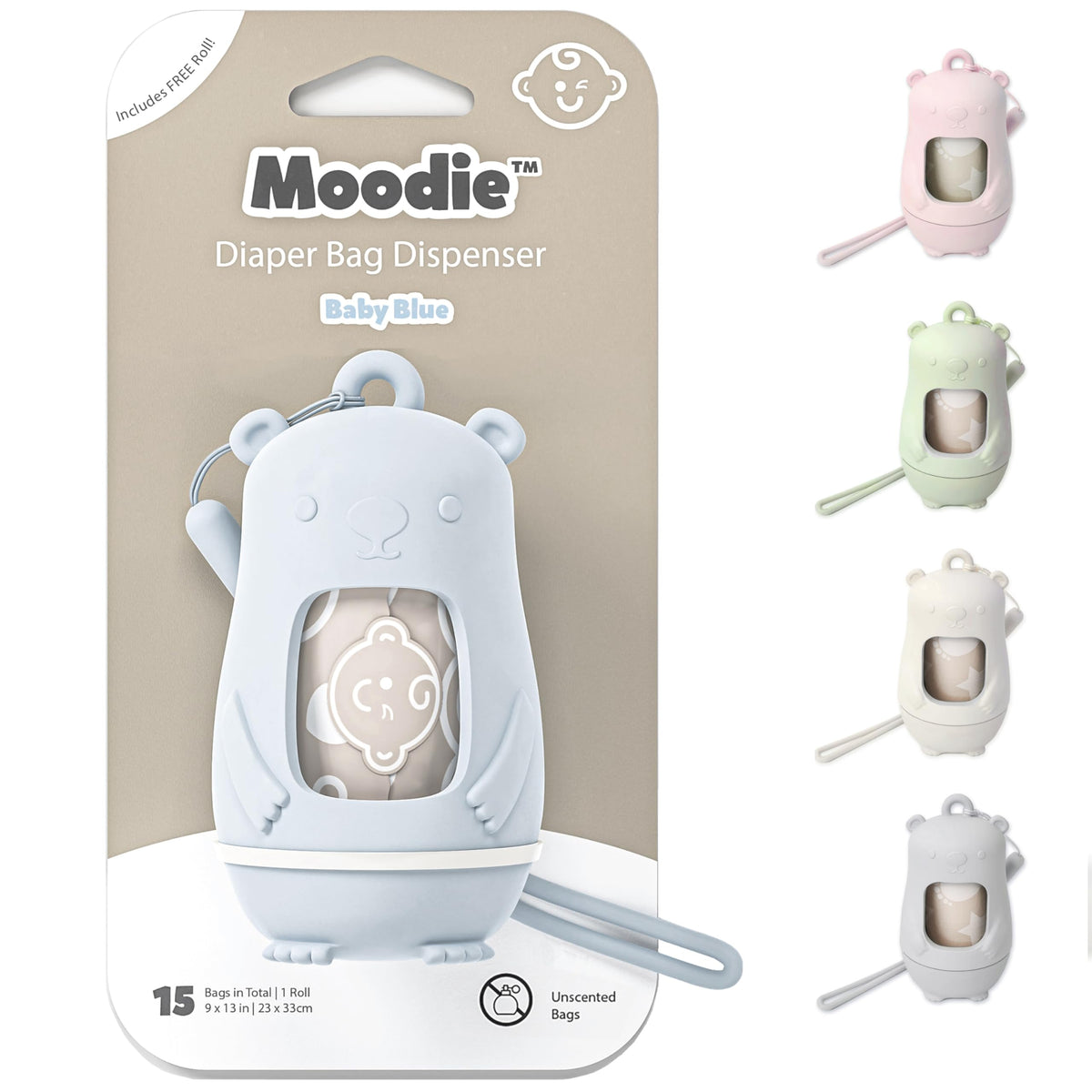 Moodie Teddy Bear Diaper Bag Dispenser with 15 Waste Bags