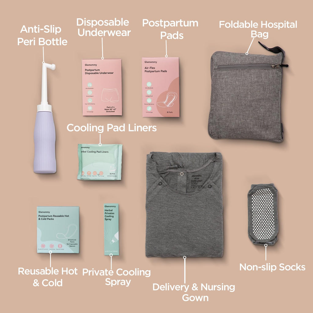 Glamommy Postpartum Recovery Essentials Kit for Women, Includes Peri Bottle, Cooling Spray, Disposable Postpartum Underwears, Postpartum Pads, Hot&Cold Packs,Soothing Liners