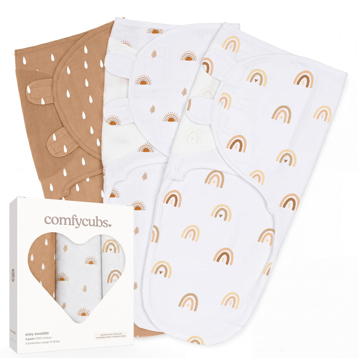 Comfy Cubs 3-Pack Easy Velcro Baby Swaddle Blankets