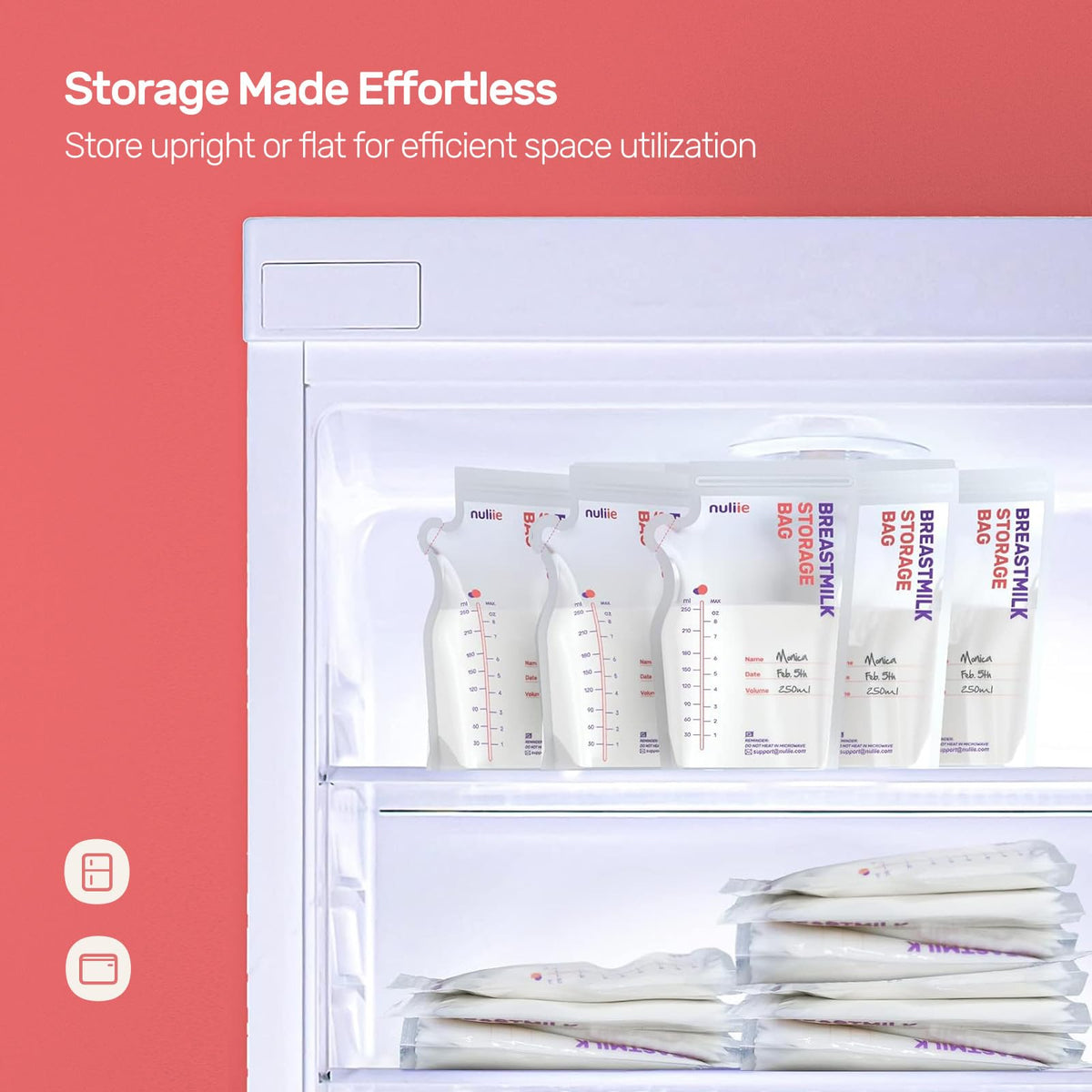 Nuliie Breastmilk Storage Bags Freezer, 8 OZ Breast Milk Storing Bags, BPA-Free, Milk Storage Bags with Pour Spout for Breastfeeding, Self-Standing Bag, Space Saving Flat Profile