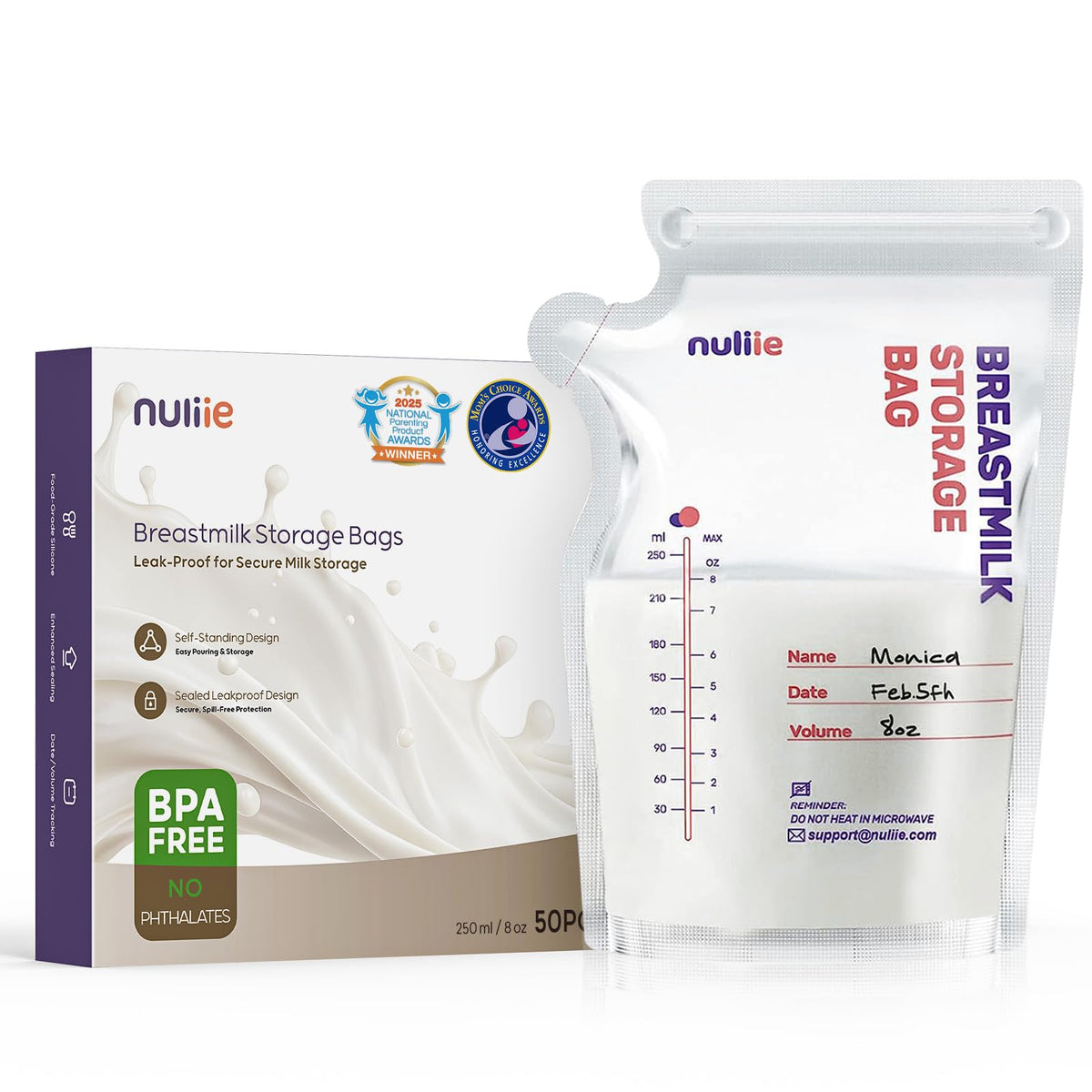 Nuliie 8 oz Breast Milk Storage Bags with Pour Spout