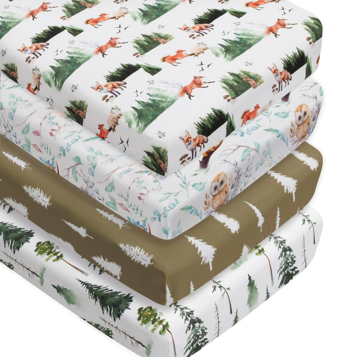 4-Pack Woodland Animal Neutral Fitted Baby Crib Sheets