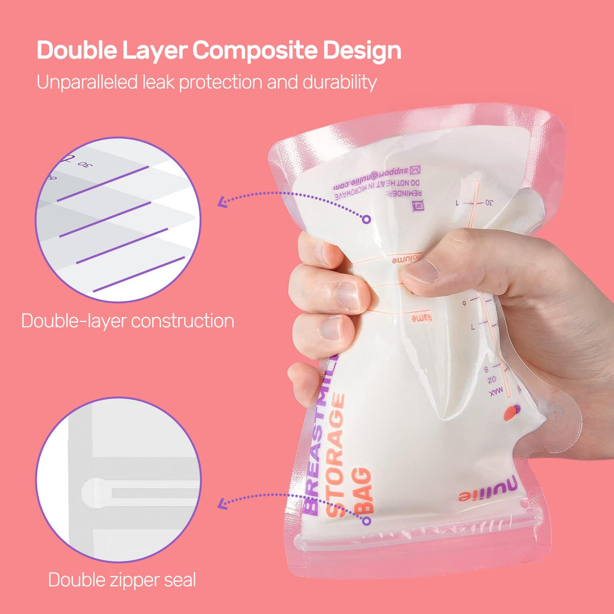 Nuliie Breastmilk Storage Bags Freezer, 8 OZ Breast Milk Storing Bags, BPA-Free, Milk Storage Bags with Pour Spout for Breastfeeding, Self-Standing Bag, Space Saving Flat Profile