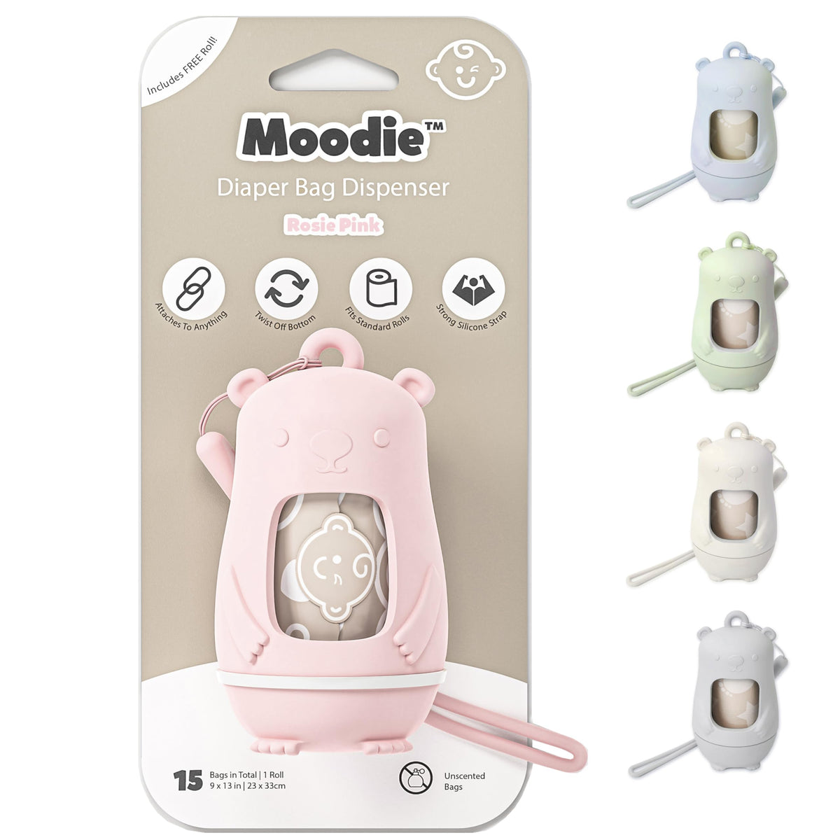 Moodie Teddy Bear Diaper Bag Dispenser with 15 Waste Bags