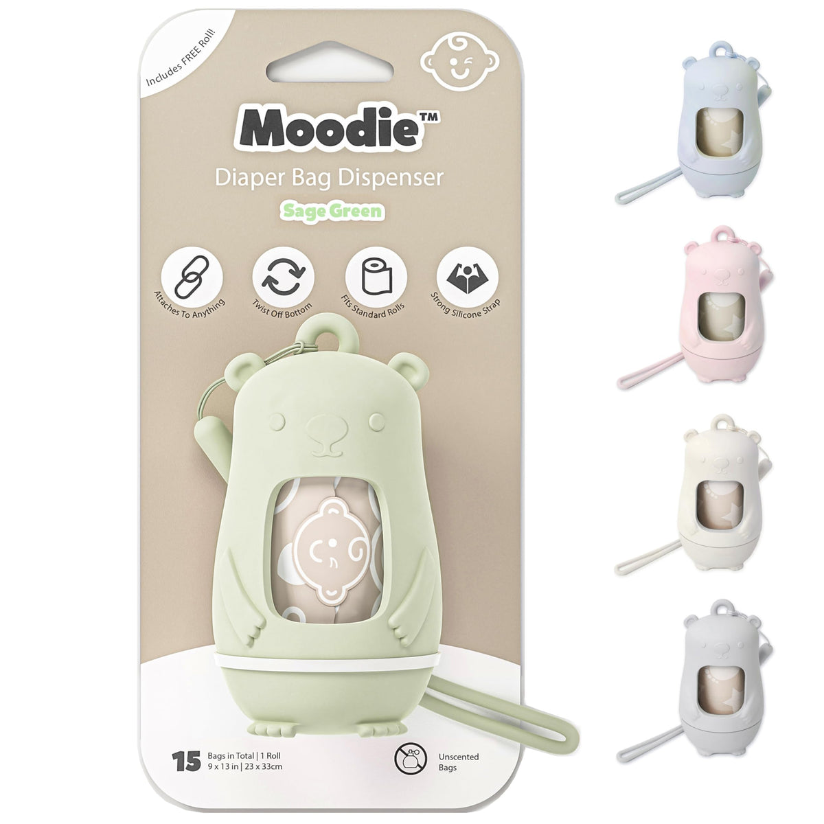 Moodie Teddy Bear Diaper Bag Dispenser with 15 Waste Bags