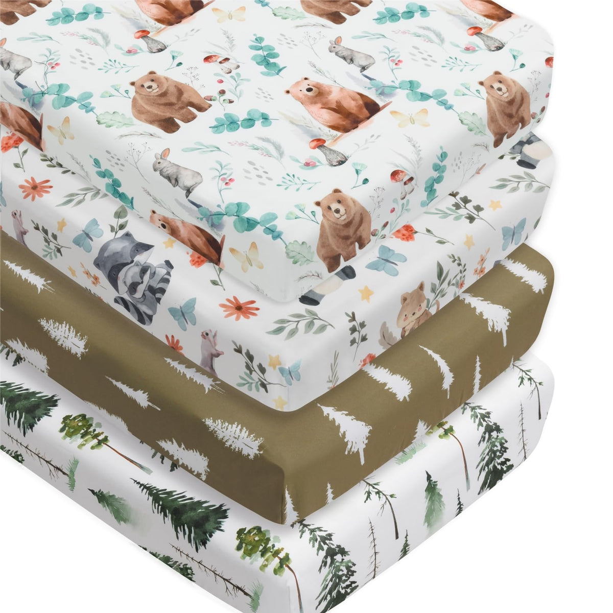 4-Pack Woodland Animal Neutral Fitted Baby Crib Sheets