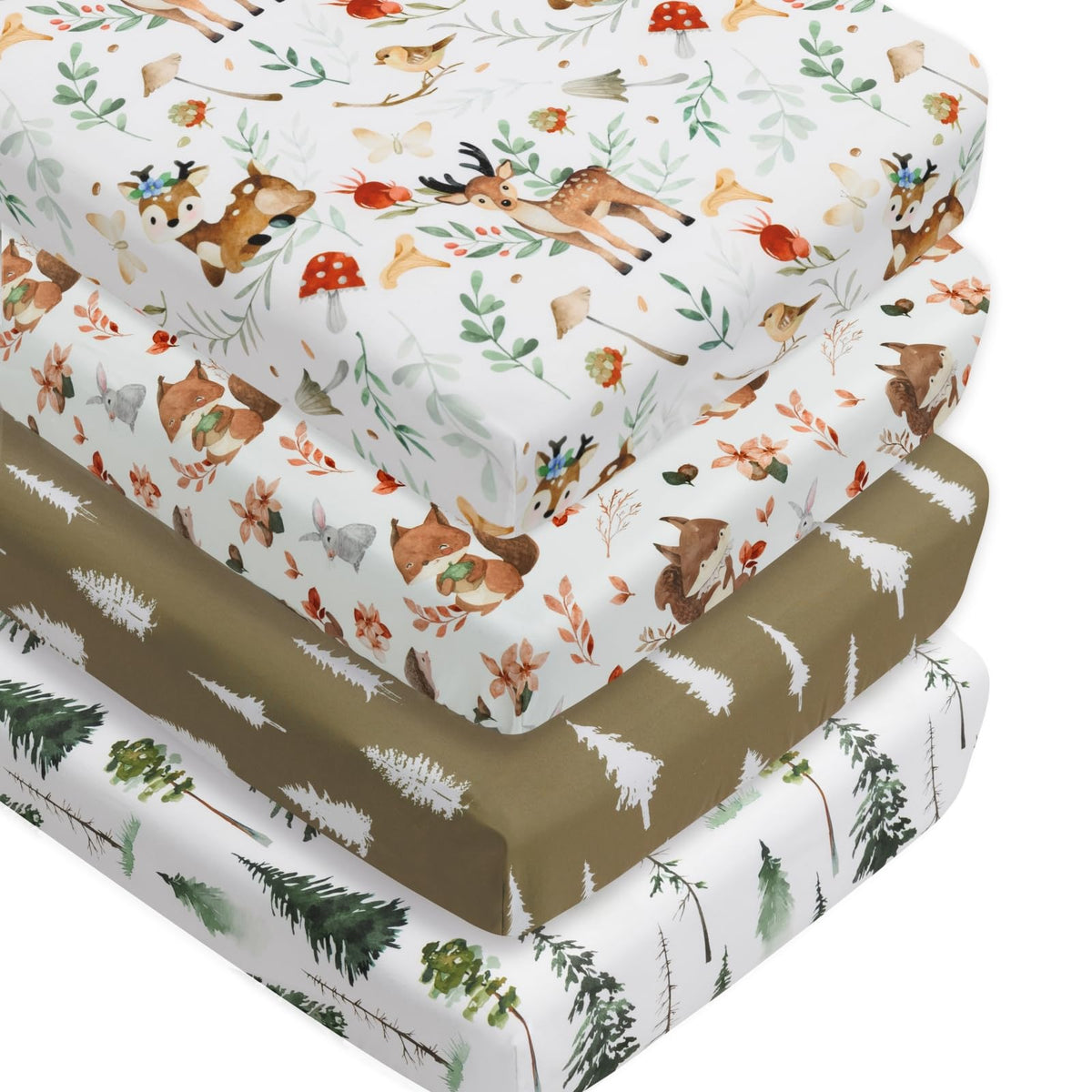 4-Pack Woodland Animal Neutral Fitted Baby Crib Sheets