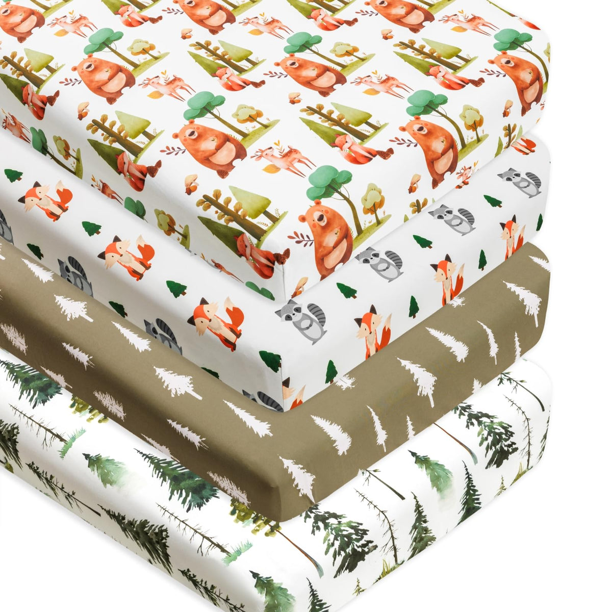 4-Pack Woodland Animal Neutral Fitted Baby Crib Sheets