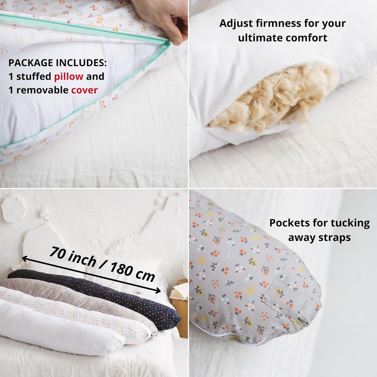 MINICAMP Full Body Pregnancy Pillow for Sleeping – Full Body Maternity Support Pillow for Back, Belly, Hips & Legs – Ergonomic Side Sleeper Pillow with Removable Washable Cover - Made in EU