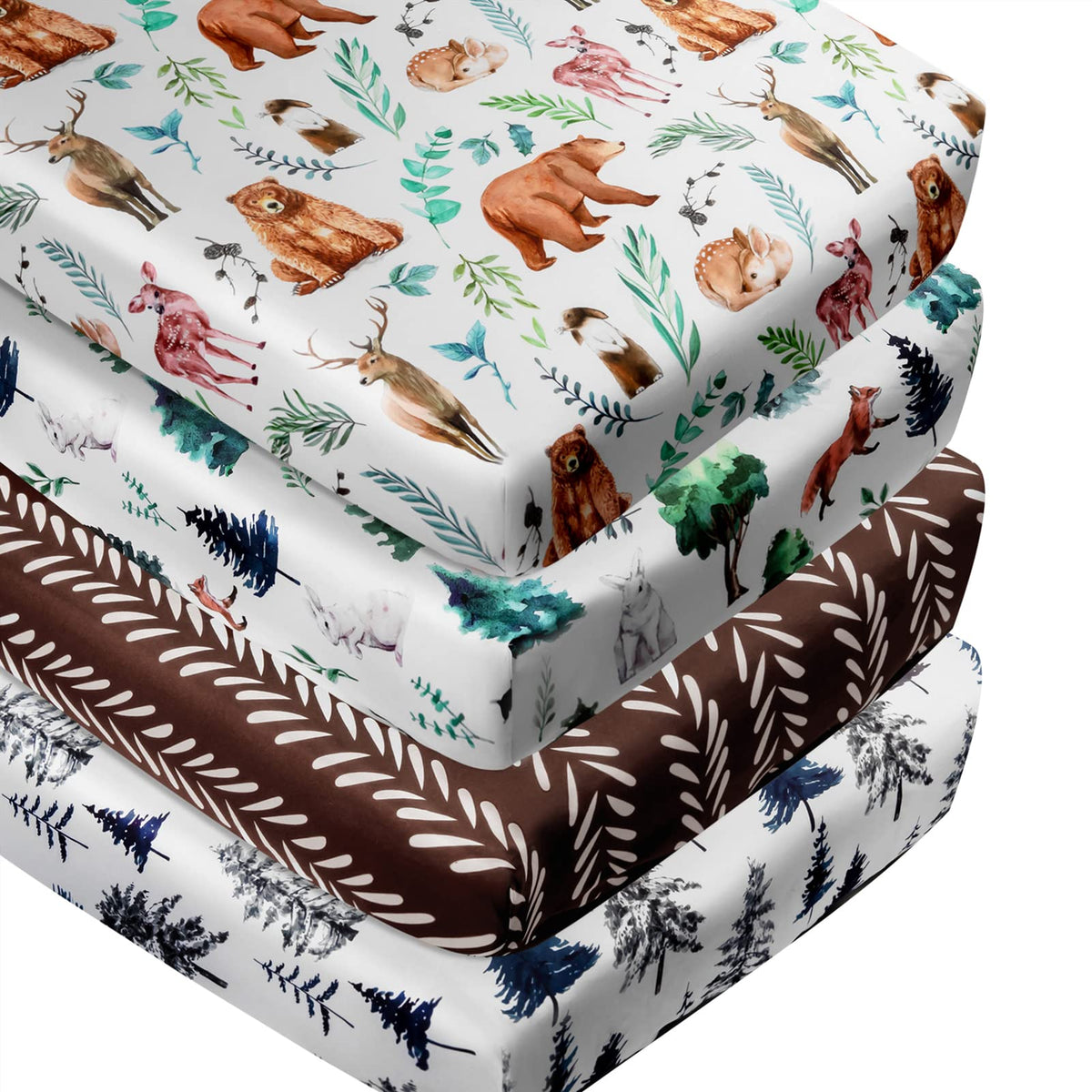 4-Pack Woodland Animal Neutral Fitted Baby Crib Sheets