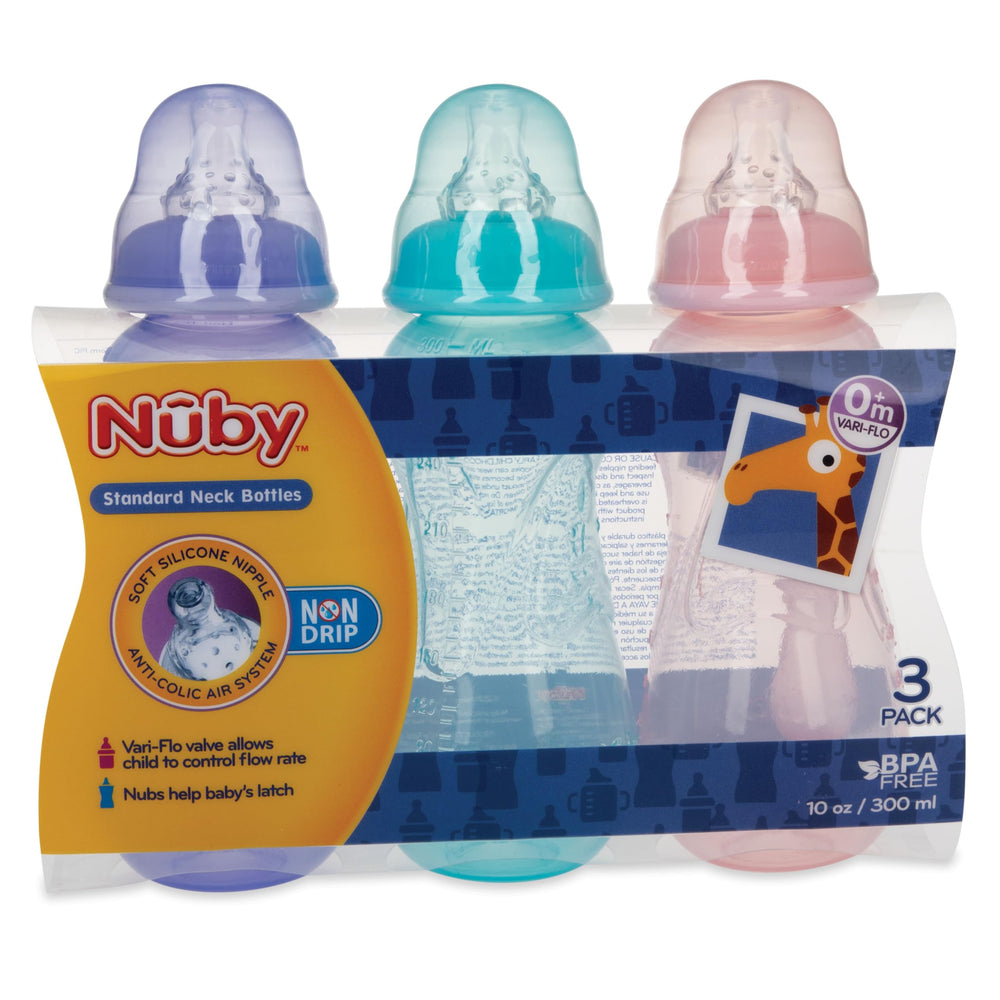 Nuby Non-Drip Standard Neck Baby Bottles, 10 oz