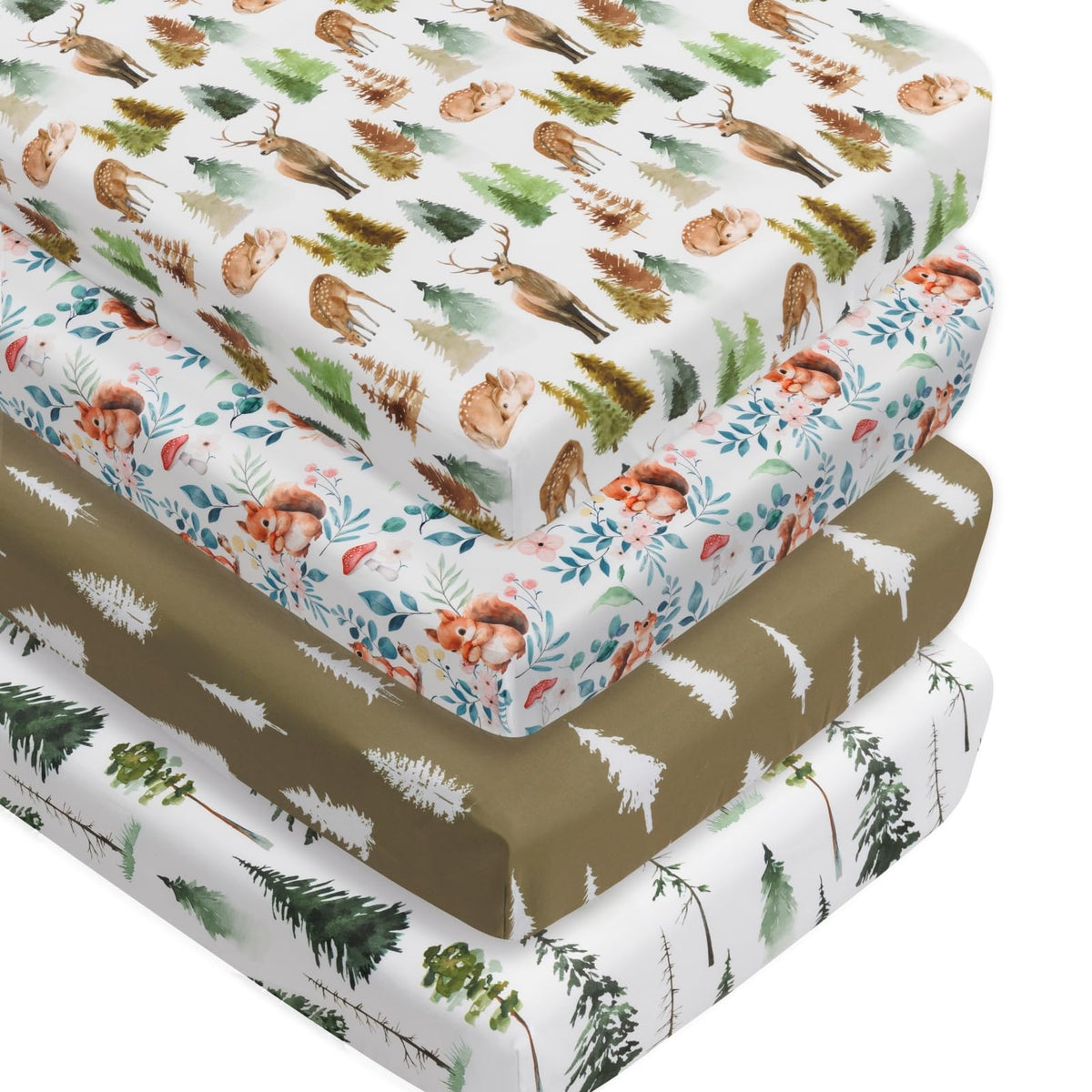 4-Pack Woodland Animal Neutral Fitted Baby Crib Sheets